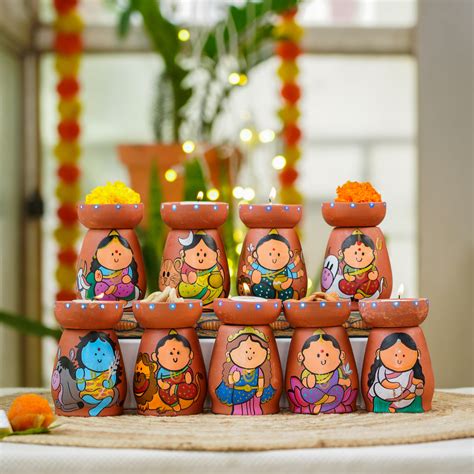 Buy 9 Durga Hand-Painted Devis Terracotta Tealight Holder | Set Of 9 ...