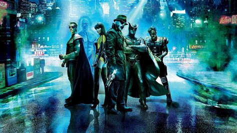 Watchmen HD Wallpaper: Iconic Heroes Unite in Neon Cityscape