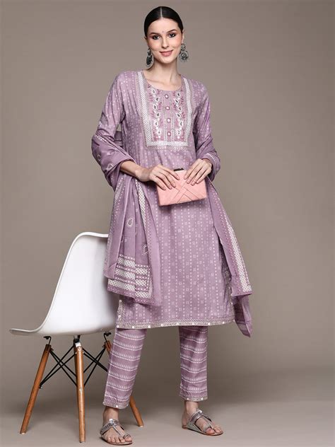 Buy Ishin Women's Purple Embroidered A-Line Kurta with Trouser ...