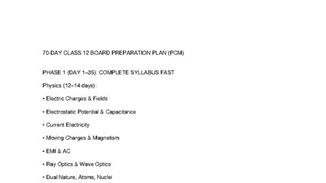 CLASS 12 BOARD PREPARATION PLAN (PCM) - 70 Day Study Notes - Studocu