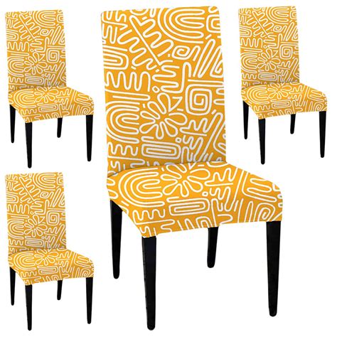 HOTKEI (Pack of 4) Yellow Printed Dining Table Chair Cover Stretchable ...