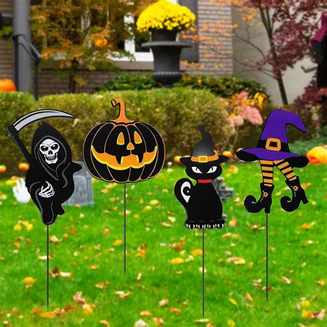 4 PCS Halloween Yard Garden Stakes Metal Scary Outdoor Decoration Witch ...