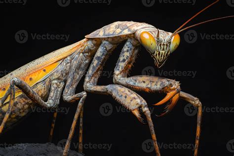 Giant praying mantis standing on dark soil, showing its powerful ...
