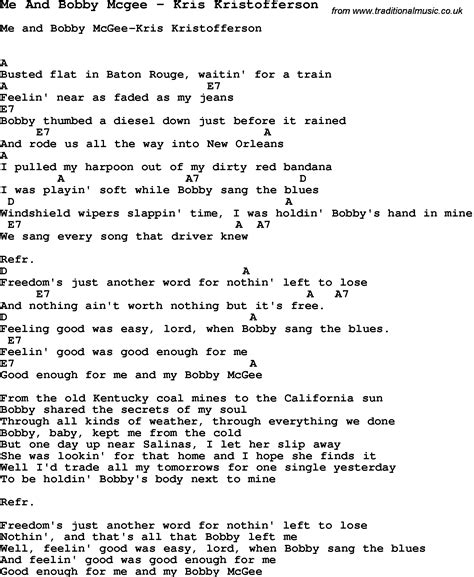 Song Me And Bobby Mcgee by Kris Kristofferson, song lyric for vocal ...