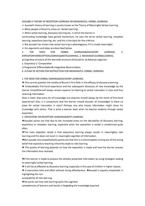 Ausubel’S Theory - AUSUBEL’S THEORY OF RECEPTION LEARNING OR MEANINGFUL ...