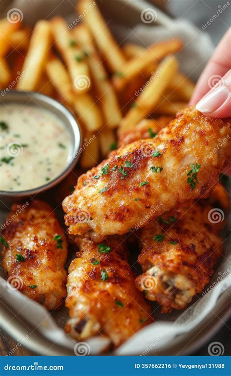Hand Holding Chicken Wings and Fries with Ranch Dressing in Pan Stock ...