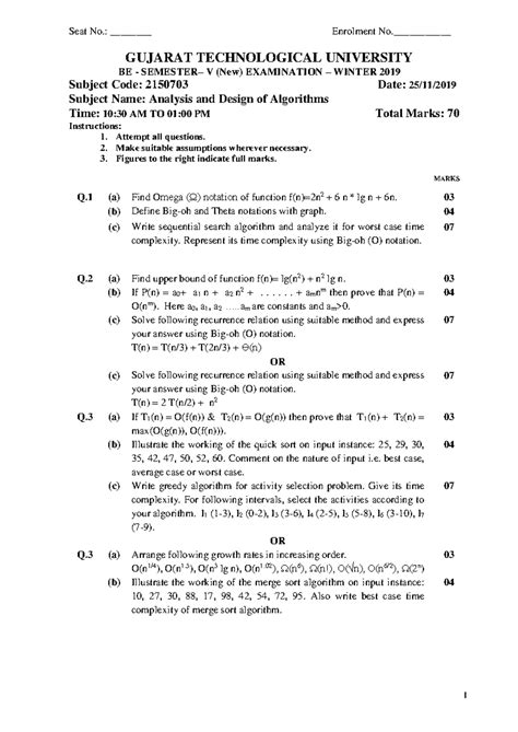 2150703 BE Winter 2019 - Analysis and Design of Algorithms Question ...