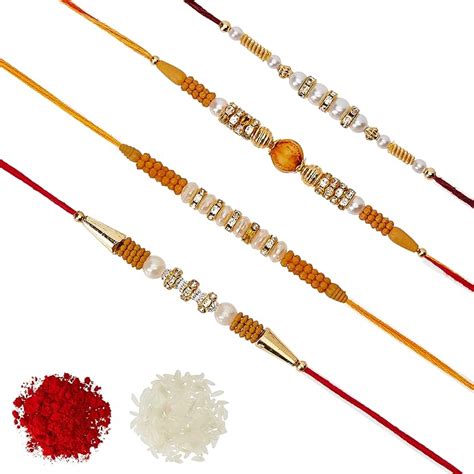 Aheli Pack of 4 Rakhi for Men with Roli Chawal Tilak - AD Pearl Wooden ...