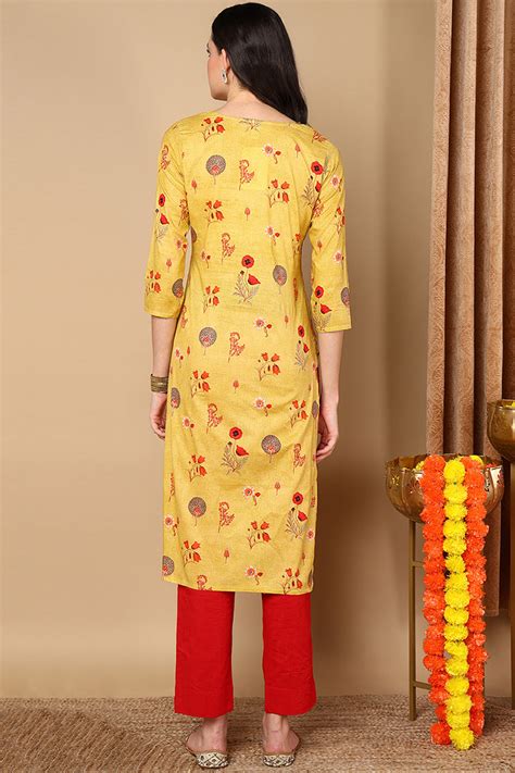 Mustard Yellow & Red Floral Print Straight Kurta VCK1595 – Ahika