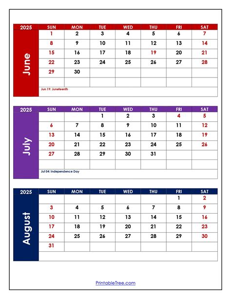 June To August 2025 Calendar Printable