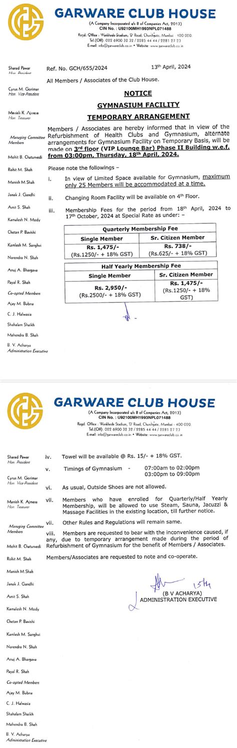 Notice Regarding Gymnasium Facility Temporary Arrangement - Garware ...