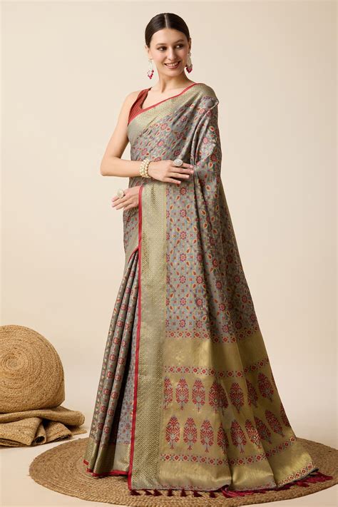 Buy Gunmetal Grey Zari Woven Banarasi Saree Online - MySilkLove