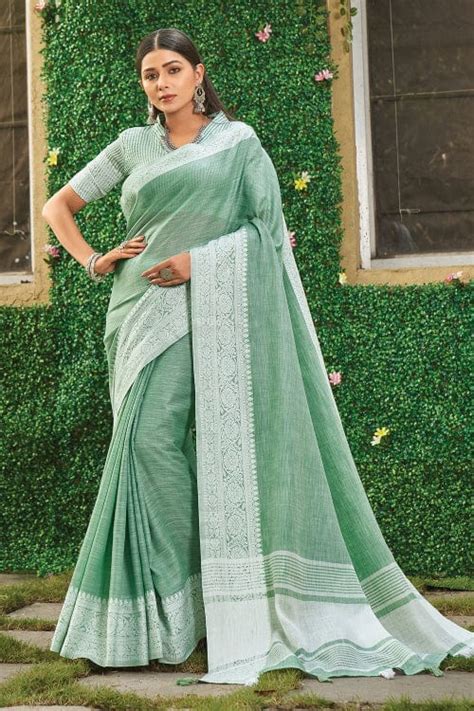 Buy Teal Green Linen Saree 82470 Online | Karagiri