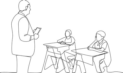 Single one-line drawing the teacher explains the lesson in class. Class ...