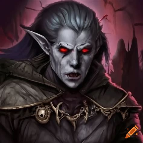 Portrait of a white-skinned vampire lord with large teeth in a dungeon ...