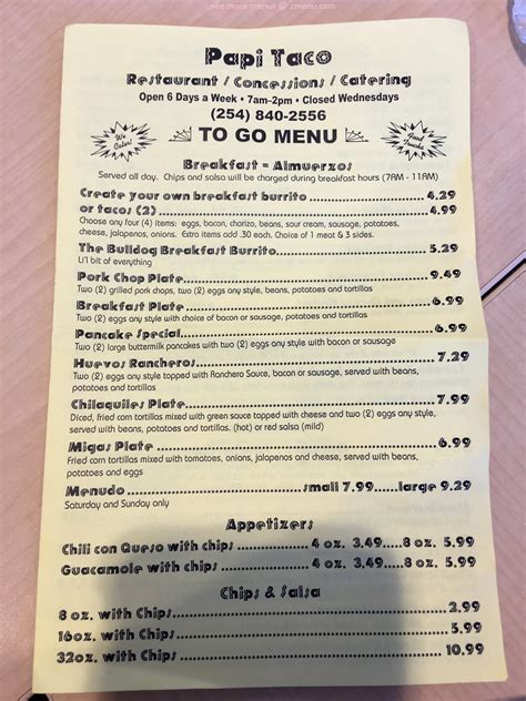 Menu at Papi Taco restaurant, McGregor