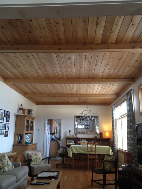 Ceiling Cedar Plank Ceiling In Cottage With False Beams Picturesque ...