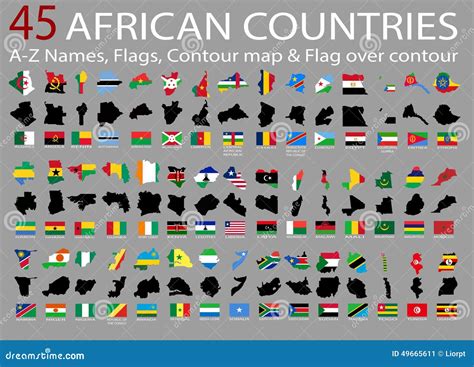 45 African Countries, a-Z Names,Flags,Contour and National Flag Over ...