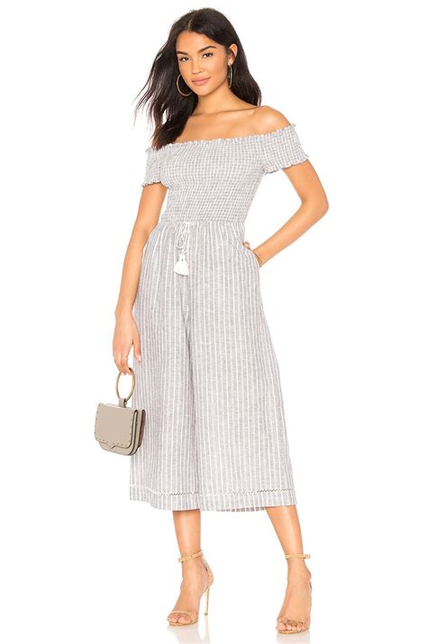 1. STATE Off Shoulder Smocked Bodice Jumpsuit in Ocean Slate | REVOLVE