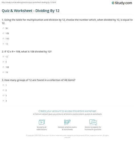 Quiz & Worksheet - Dividing By 12 | Study.com
