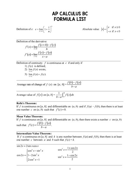 Calculus+Formula+List - AP CALCULUS BC FORMULA LIST ####### Definition ...