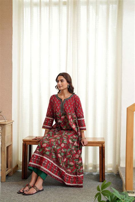 Long Length A-Line Kurta In Hand Block Cotton | Cotras