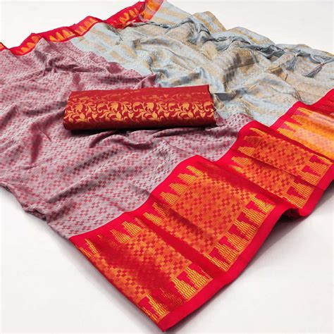 Grey Woven Cotton Silk Saree With Tassels