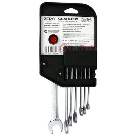 Zero Degree 7 Pc Gearless Ratcheting Wrench Set 12 Point SAE Tight Spa ...