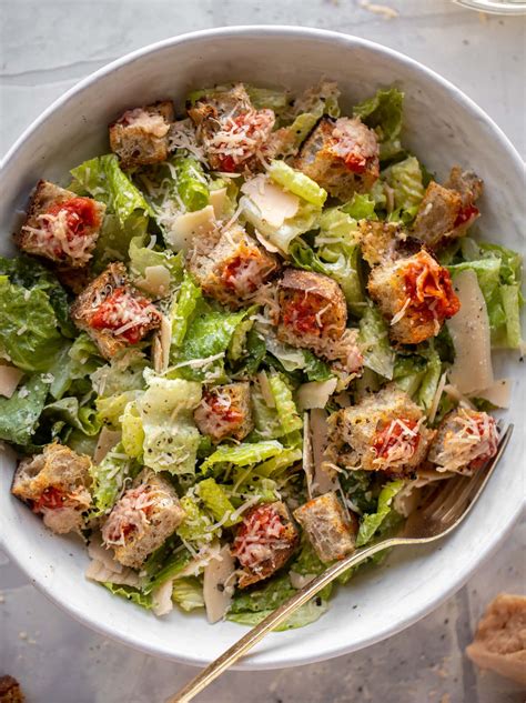 Caesar Salad with Pizza Croutons - Caesar Salad with Pizza Croutons