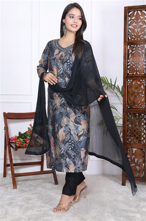 Grey and Brown Leafy Print Kurta Set – Ethnic-Ela