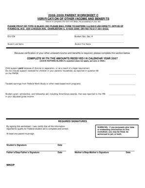 Fillable Online eiu 2008-2009 PARENT WORKSHEET C VERIFICATION OF OTHER ...