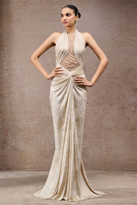 Golden Light Draped Pearl Gown