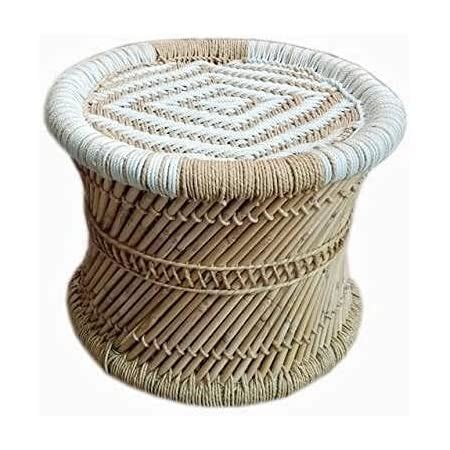 Handmakers ! Natural Bamboo (SARKANDA) Mudda Stool with Beige and White ...