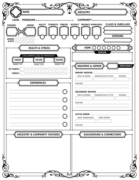 Daggerheart Form-Fillable/Printable Character Sheet (Gothic) - Shylah ...