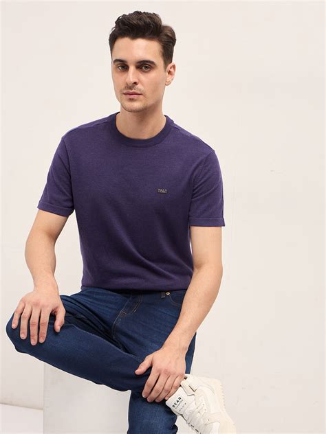 Shop Purple Solid Regular Fit Ribbed Crew Neck T-shirt Online ...
