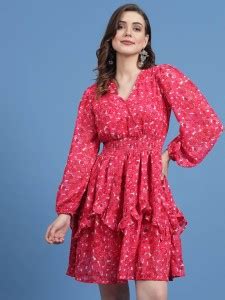 PLUSS Women Fit and Flare Pink, White Dress - Buy PLUSS Women Fit and ...