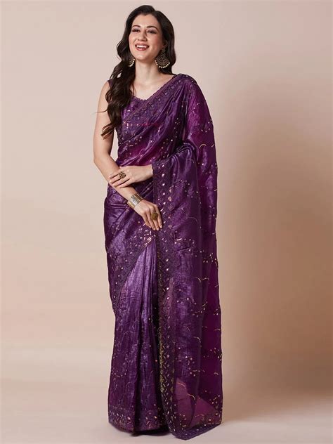 Buy Purple Party Wear Paper Silk Embellished Saree - Premium Quality ...