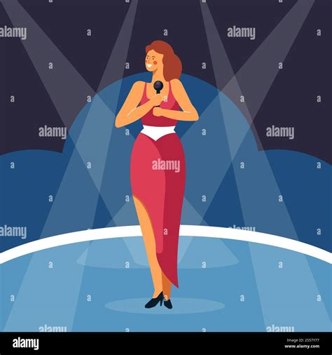 Woman singing sing with microphone standing on stage. Vector pop star ...