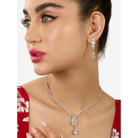 Buy Zaveri Pearls Silver Tone Party Bling Minimal Jewellery Set Online