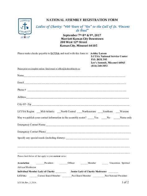 Fillable Online aic ladiesofcharity NATIONAL ASSEMBLY REGISTRATION FORM ...