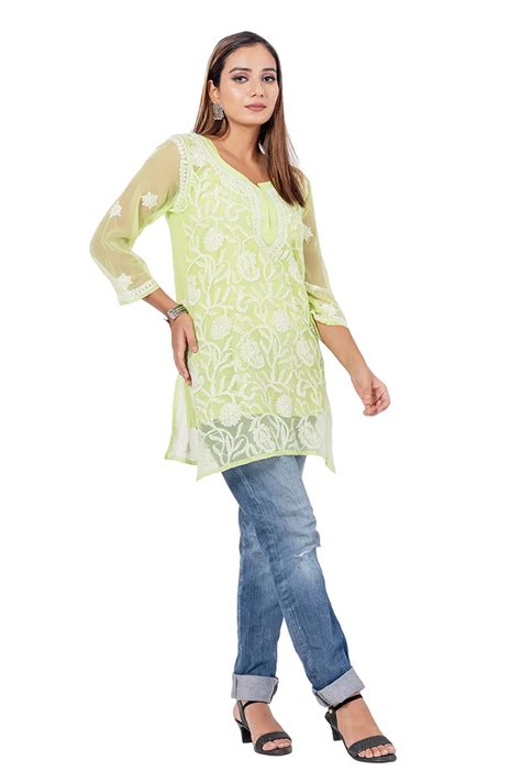 MeMaana Handcrafted Chikankari Light Green Georgette Short Kurti
