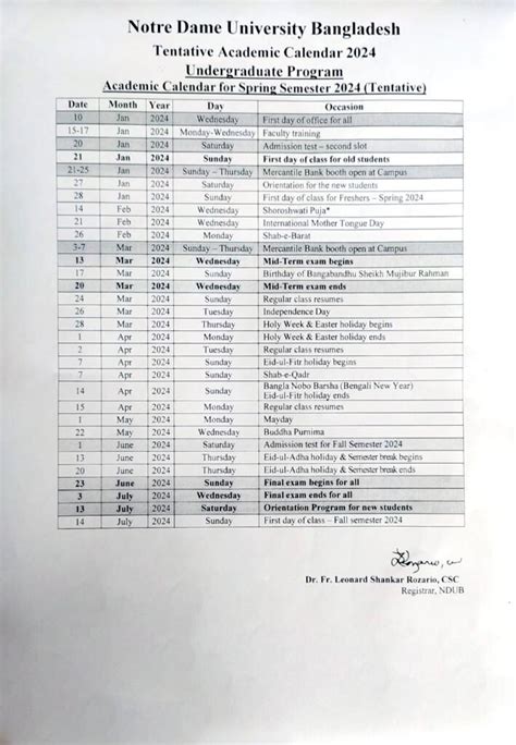 Academic Calendar, Spring-2024 - Notre Dame University Bangladesh