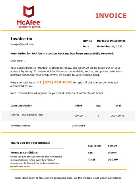 Fake McAfee Invoice (877) 419-6301 : r/ScamNumbers
