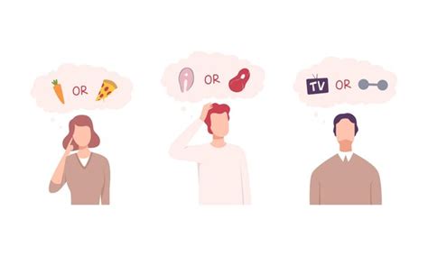 Confused pensive people character choosing between two alternative ...