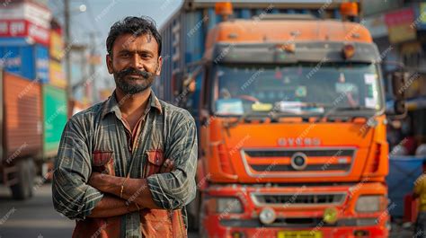 An Indian truck driver is standing in front of a heavyduty truck ...
