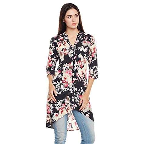 Buy Ruhaan's Women's Crepe Black Color Floral Printed High Low Tunic ...