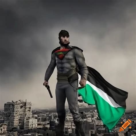 Superhero destroying a city with palestinian flag colors on Craiyon