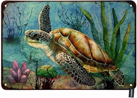 Buy HOSNYE Sea Turtle Tin Sign Oil Painting Turtle Lonely Swim in Ocean ...