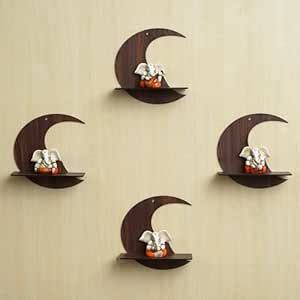 Buy eCraftIndia Set of 4 Brown Moon Shape Designer Wooden Wall Shelves ...