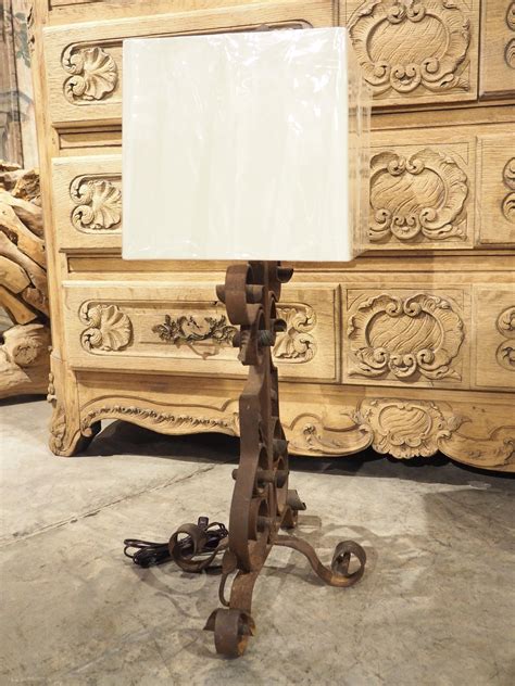 Vintage Wrought Iron Table Lamp with Linen Shade For Sale at 1stDibs